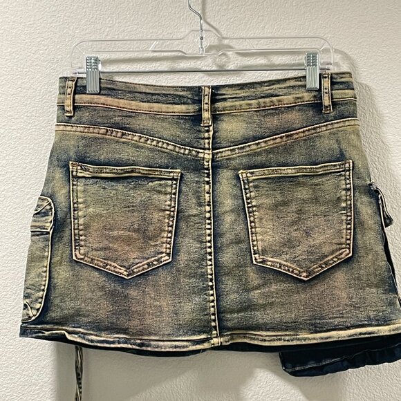 AMERICAN BAZI Denim Mini Skirt Cargo Pockets Over-dyed Distressed Blue Size L - Picture 3 of 13